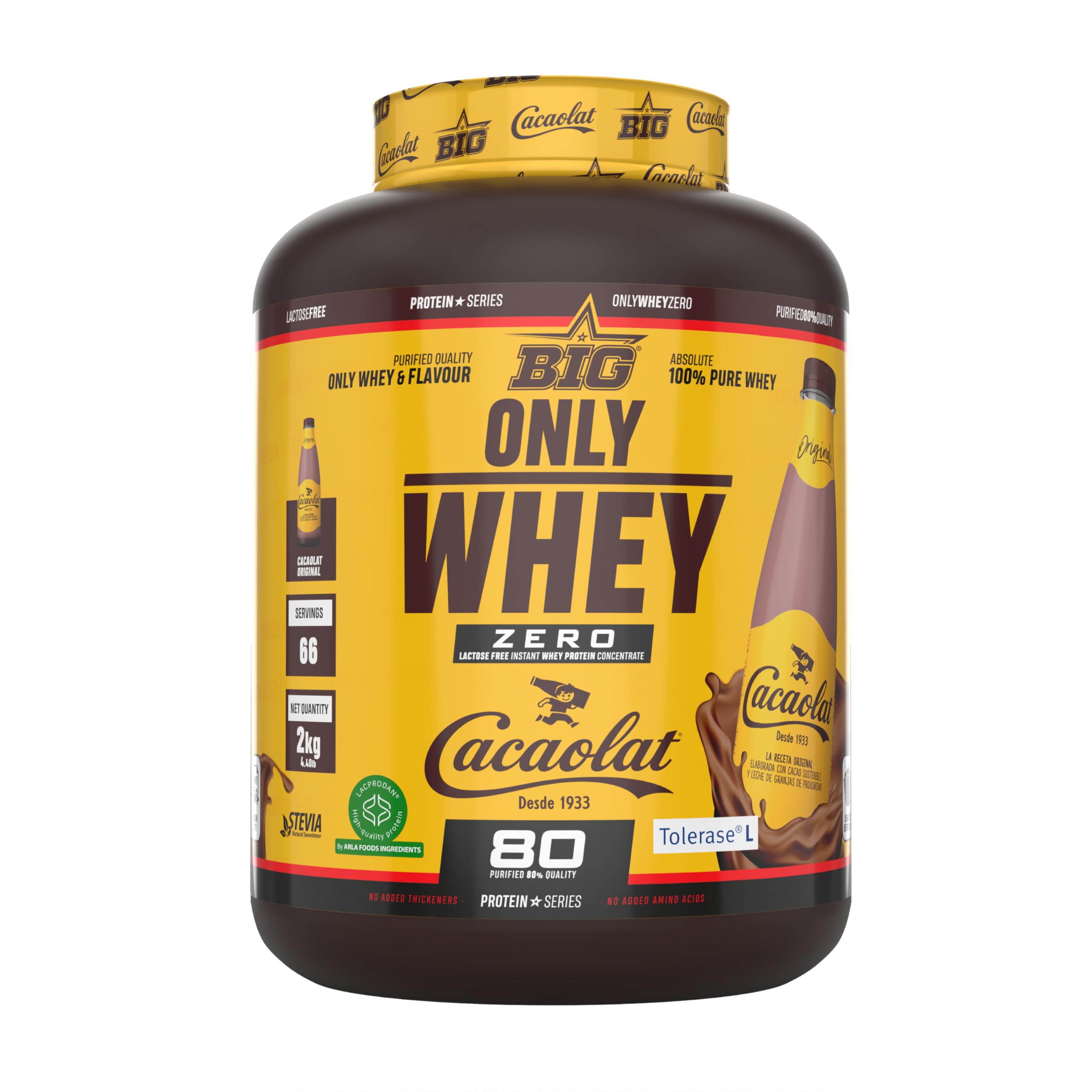 BIG - Proteinas Whey - Proteina en Polvo para Desarrollo de Masa Muscular y Recuperación - Materia Prima Premium - Whey Protein Sin Lactosa, Sin Azúcar, Sin Grumos (2Kg, Cacaolat)