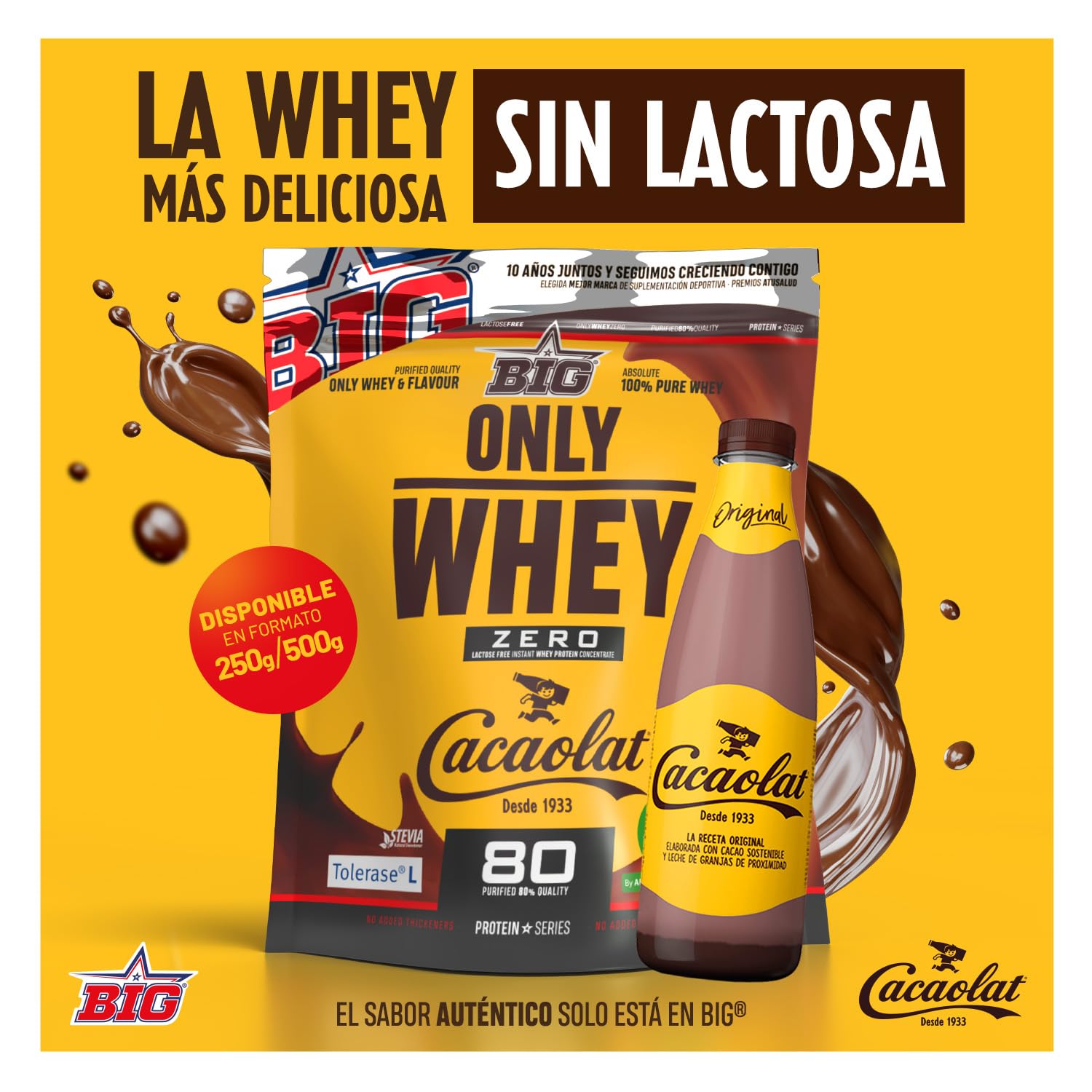 BIG - Proteinas Whey - Proteina en Polvo para Desarrollo de Masa Muscular y Recuperación - Materia Prima Premium - Whey Protein Sin Lactosa, Sin Azúcar, Sin Grumos (2Kg, Cacaolat)