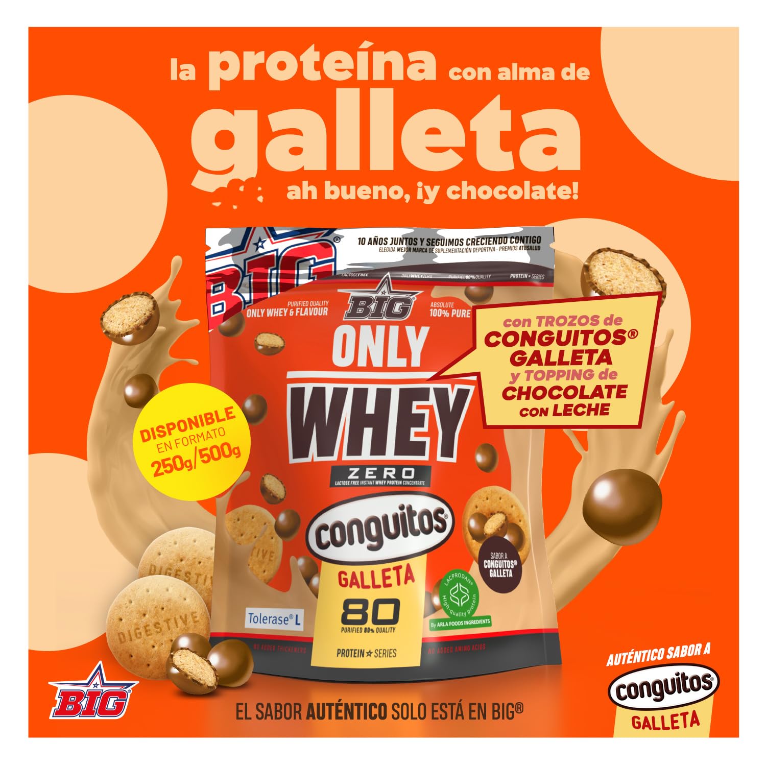 BIG - Proteinas Whey - Proteina en Polvo para Desarrollo de Masa Muscular y Recuperación - Materia Prima Premium - Whey Protein Sin Lactosa, Sin Azúcar, Sin Grumos (2Kg, Cacaolat)