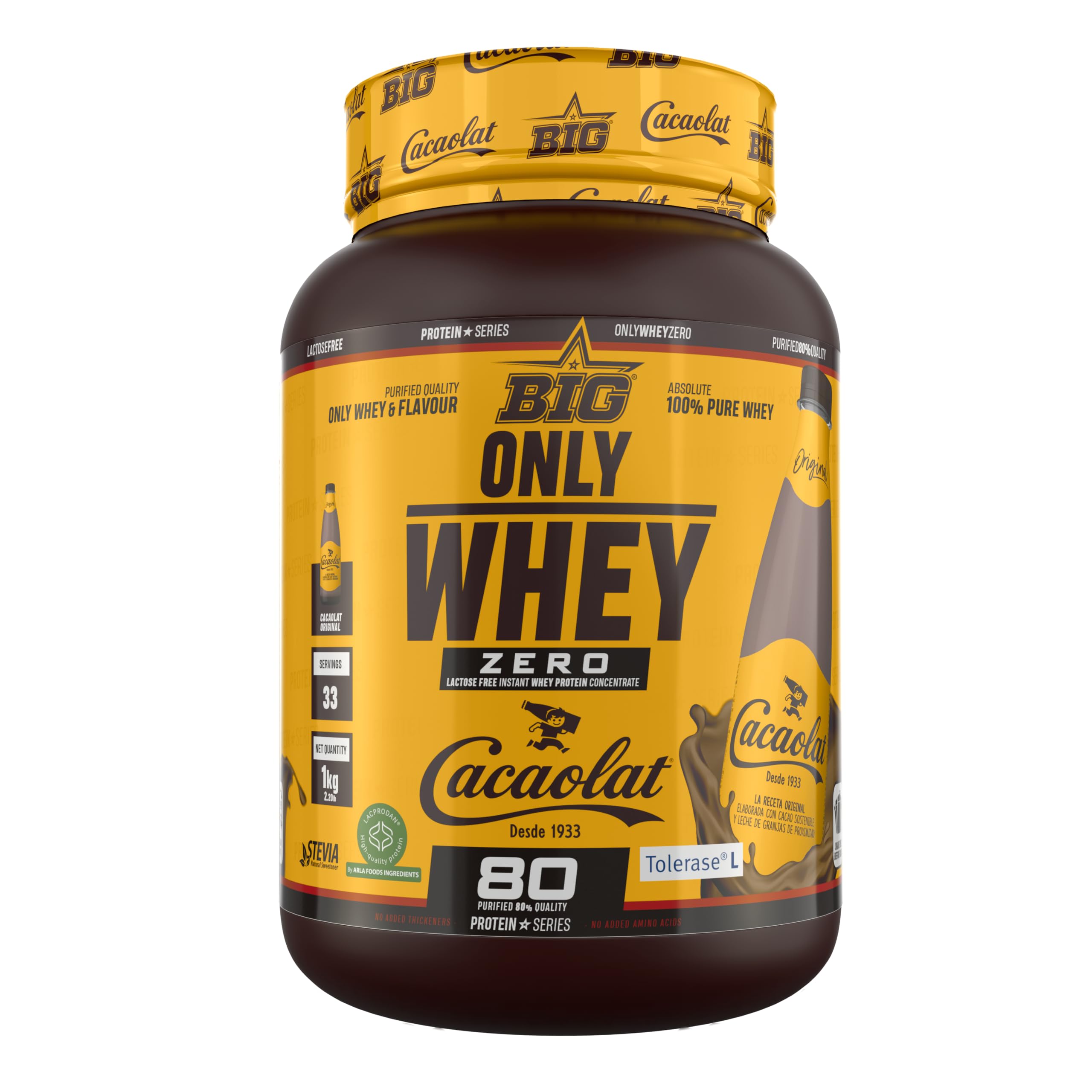 BIG - Proteinas Whey - Proteina en Polvo para Desarrollo de Masa Muscular y Recuperación - Materia Prima Premium - Whey Protein Sin Lactosa, Sin Azúcar, Sin Grumos (2Kg, Cacaolat)