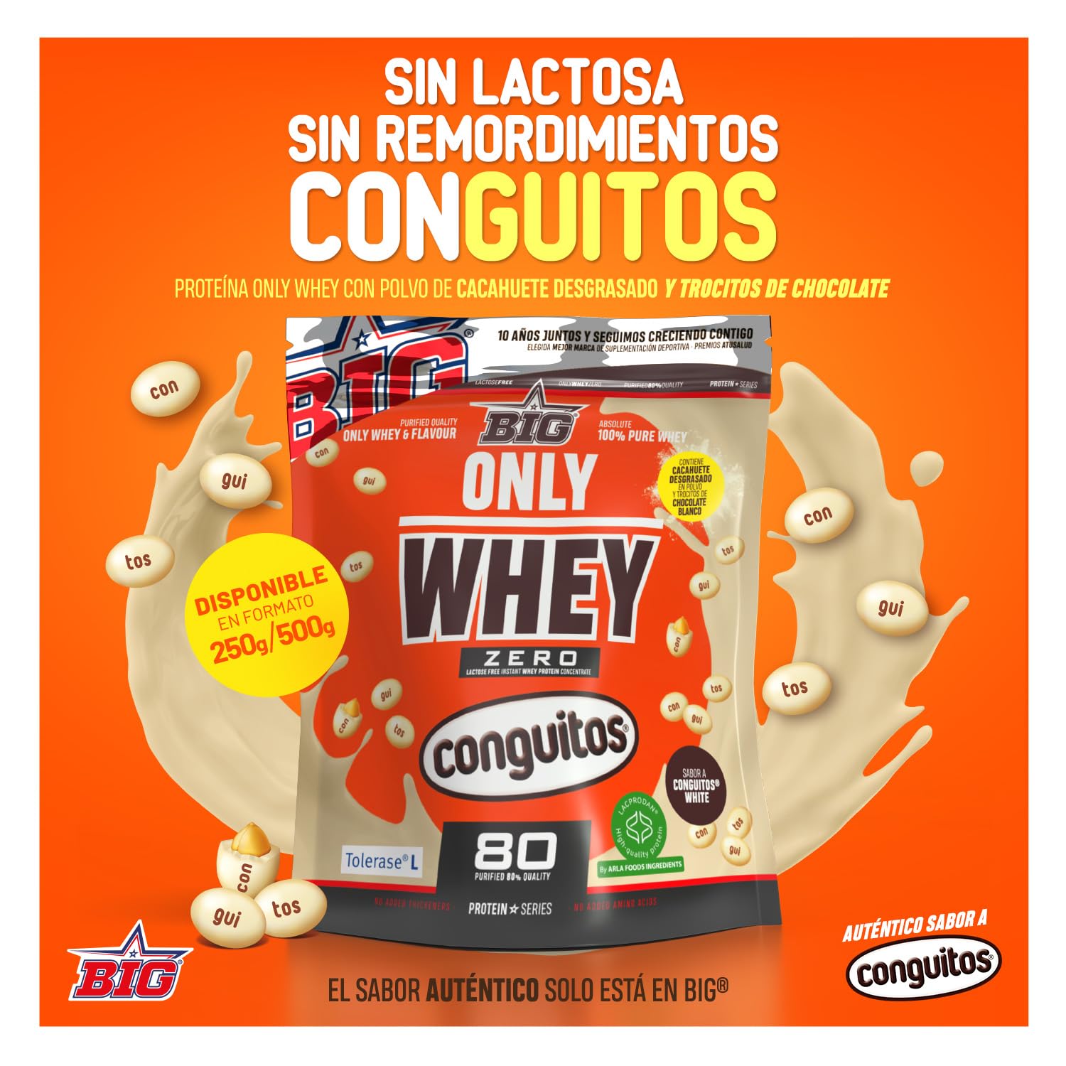 BIG - Proteinas Whey - Proteina en Polvo para Desarrollo de Masa Muscular y Recuperación - Materia Prima Premium - Whey Protein Sin Lactosa, Sin Azúcar, Sin Grumos (2Kg, Cacaolat)