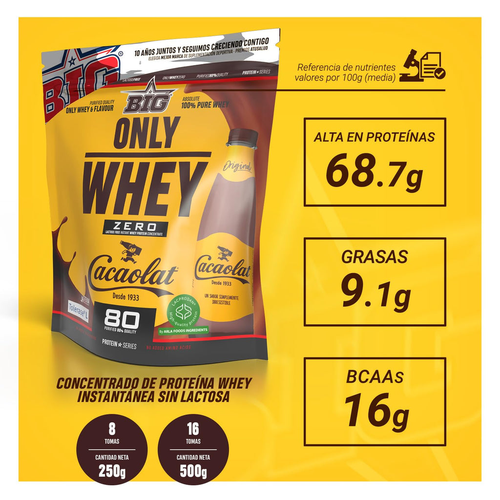 BIG - Proteinas Whey - Proteina en Polvo para Desarrollo de Masa Muscular y Recuperación - Materia Prima Premium - Whey Protein Sin Lactosa, Sin Azúcar, Sin Grumos (2Kg, Cacaolat)