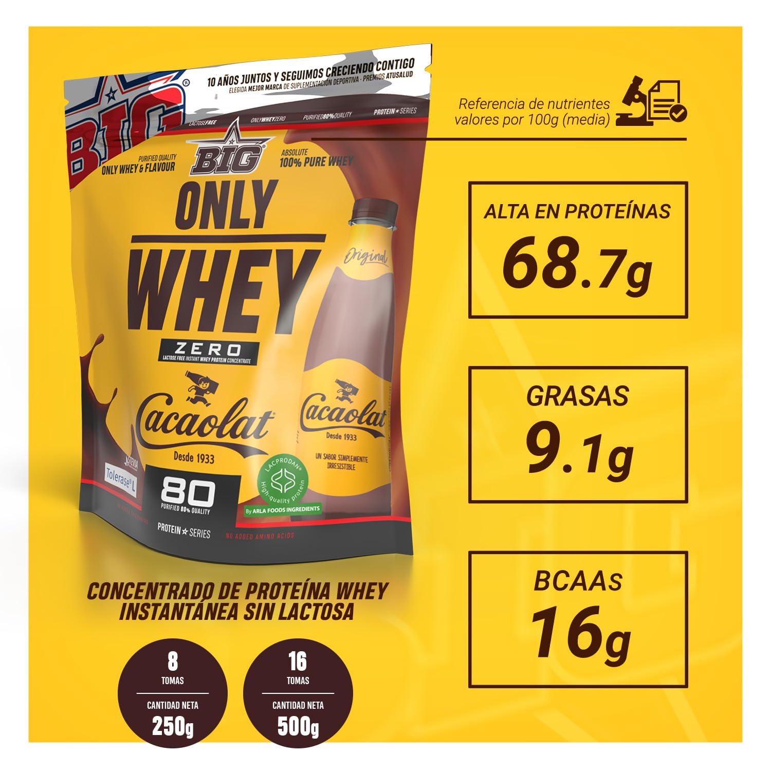 BIG - Proteinas Whey - Proteina en Polvo para Desarrollo de Masa Muscular y Recuperación - Materia Prima Premium - Whey Protein Sin Lactosa, Sin Azúcar, Sin Grumos (2Kg, Cacaolat)