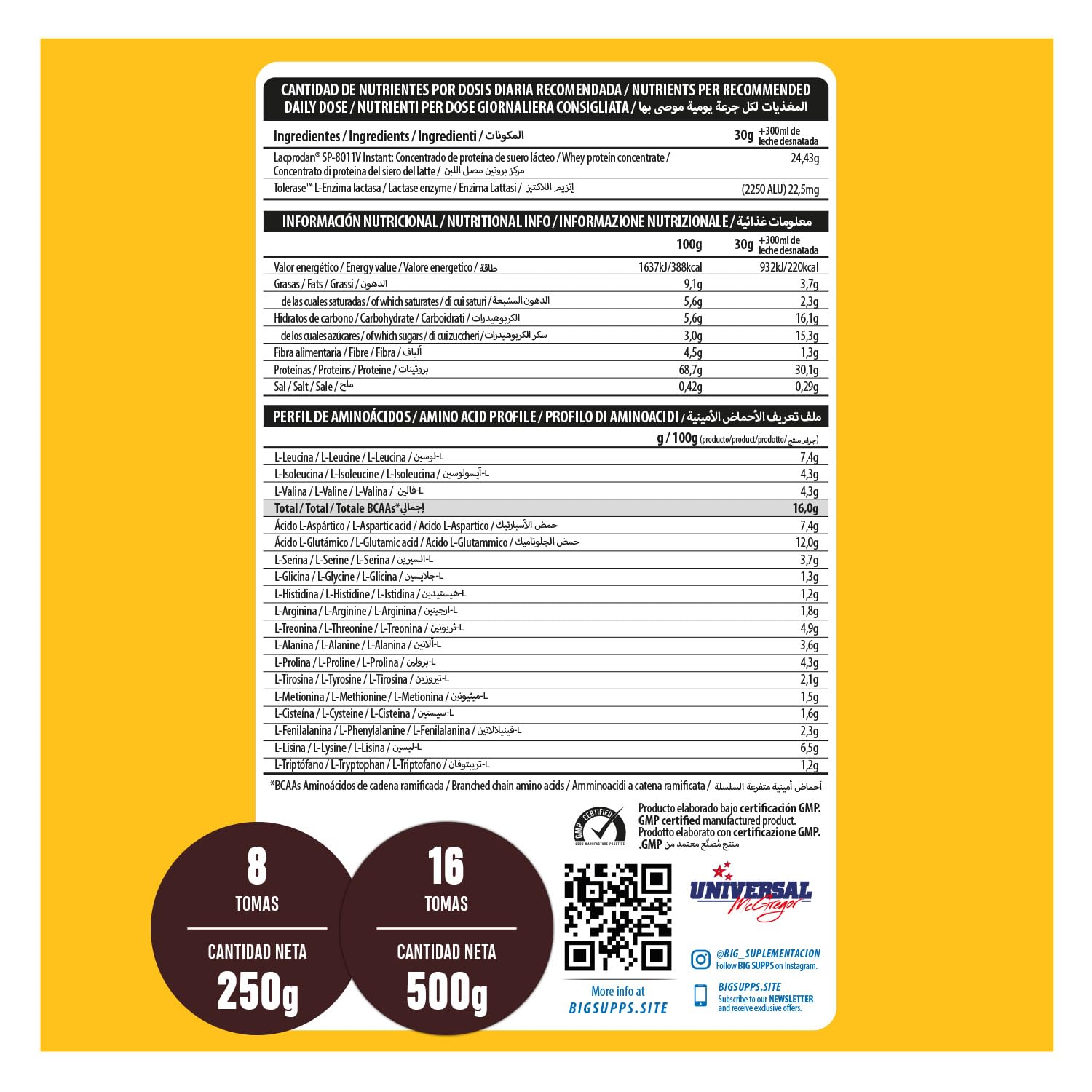 BIG - Proteinas Whey - Proteina en Polvo para Desarrollo de Masa Muscular y Recuperación - Materia Prima Premium - Whey Protein Sin Lactosa, Sin Azúcar, Sin Grumos (2Kg, Cacaolat)