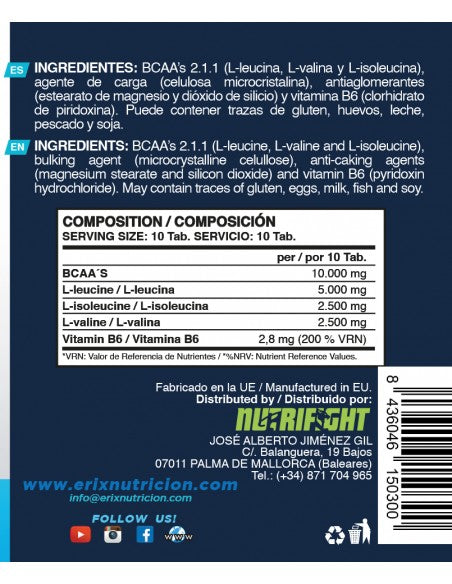 BCAA´S 2.1.1 (200 Comprimidos) - Erix Nutrición imagen 8