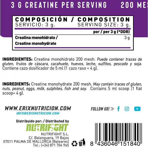 Creatina Monohidrato 300 G - Erix Nutrición imagen 6