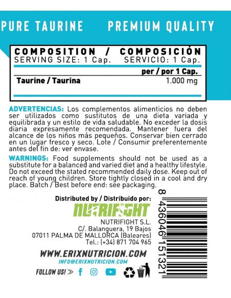 Taurina (90 Cápsulas) - Erix Nutrición imagen 6